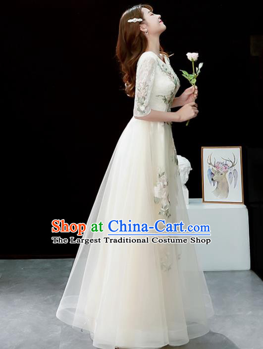 Top Grade Compere Embroidered Beige Veil Full Dress Annual Gala Stage Show Chorus Costume for Women