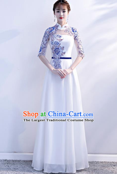 Top Grade Compere Embroidered White Qipao Dress Annual Gala Stage Show Chorus Costume for Women