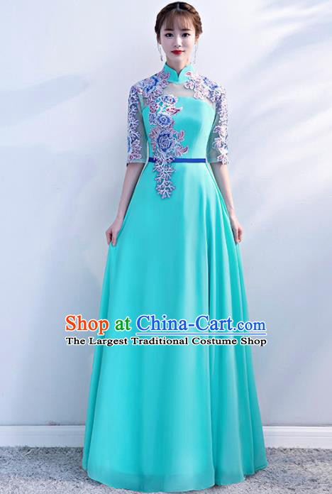 Top Grade Compere Embroidered Sky Blue Qipao Dress Annual Gala Stage Show Chorus Costume for Women