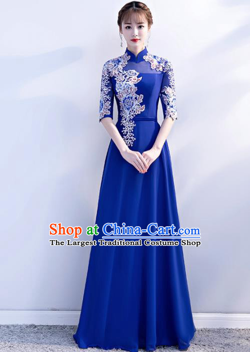 Top Grade Compere Embroidered Royalblue Qipao Dress Annual Gala Stage Show Chorus Costume for Women