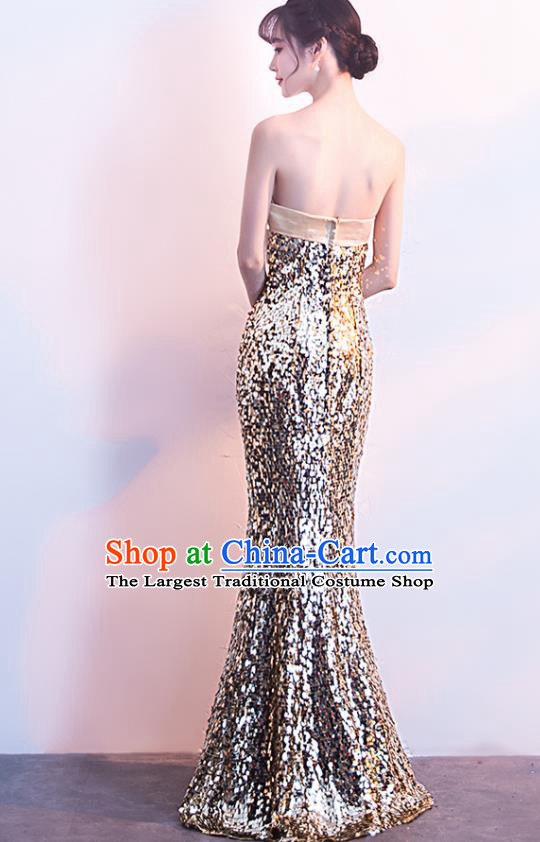 Top Grade Compere Champagne Gold Full Dress Annual Gala Stage Show Costume for Women