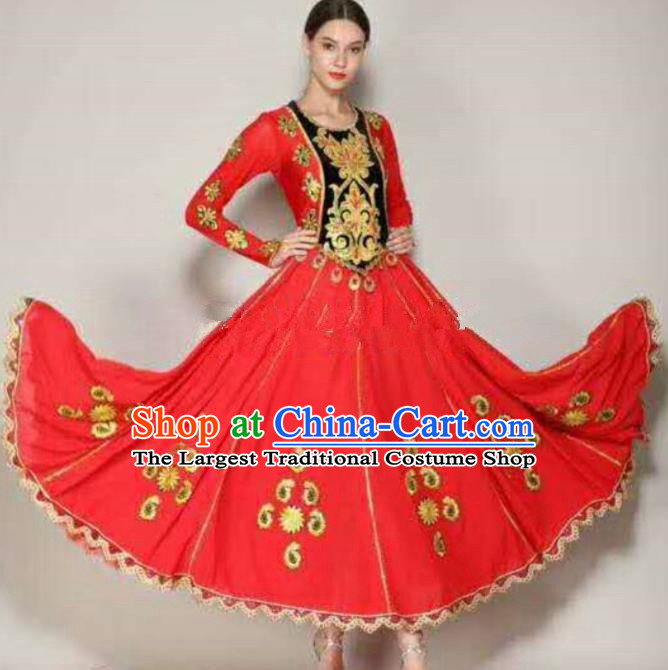 Traditional Chinese Xinjiang Uyghur Nationality Folk Dance Red Dress Ethnic Stage Show Costume for Women