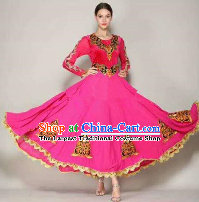 Traditional Chinese Xinjiang Uyghur Nationality Folk Dance Rosy Dress Ethnic Stage Show Costume for Women