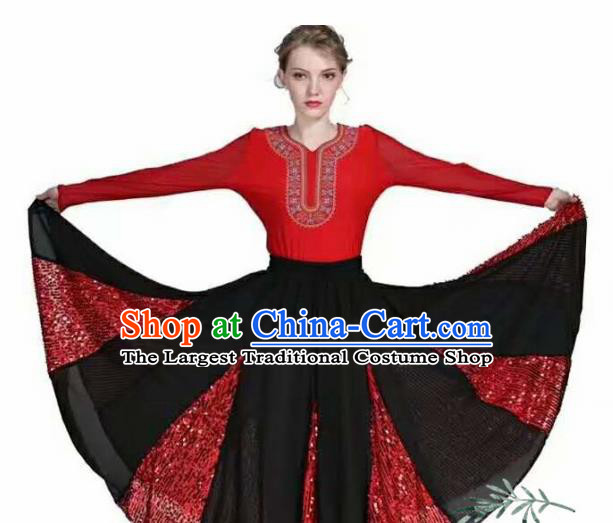 Traditional Chinese Xinjiang Uyghur Nationality Red Dress Ethnic Folk Dance Stage Show Costume for Women