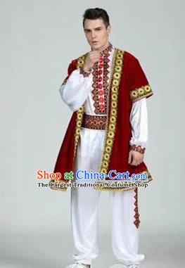 Chinese Traditional Uyghur Nationality Red Outfits Xinjiang Ethnic Minority Folk Dance Stage Show Costume for Men