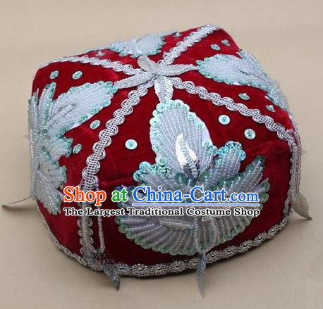 Chinese Traditional Uyghur Nationality Boys Embroidered Beads Red Hat Ethnic Xinjiang Stage Show Headwear for Kids