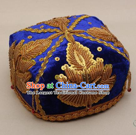 Chinese Traditional Uyghur Minority Boys Embroidered Beads Royalblue Hat Ethnic Xinjiang Stage Show Headwear for Kids