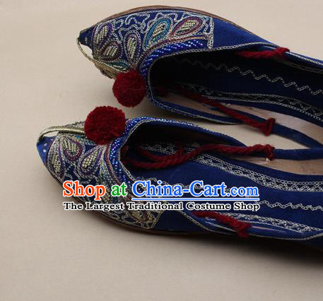 Asian India Traditional National Embroidered Royalblue Shoes Handmade Indian Folk Dance Shoes for Women