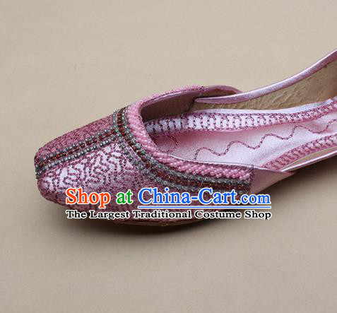 Asian Nepal National Handmade Pink Embroidered Shoes Indian Traditional Folk Dance Leather Shoes for Women