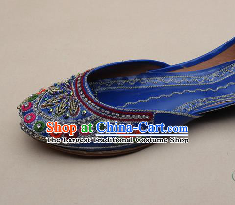 Asian Nepal National Handmade Embroidered Beads Royalblue Shoes Indian Traditional Folk Dance Leather Shoes for Women