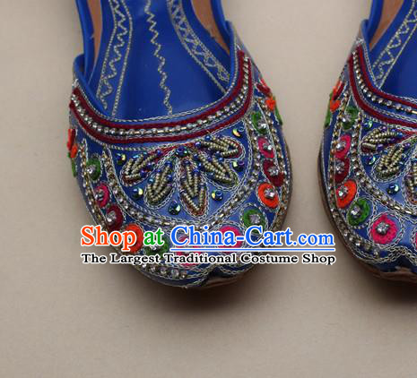 Asian Nepal National Handmade Embroidered Beads Royalblue Shoes Indian Traditional Folk Dance Leather Shoes for Women