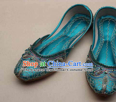 Asian Nepal National Handmade Beaded Green Leather Shoes Indian Traditional Folk Dance Shoes for Women