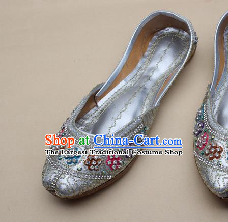 Asian Nepal National Light Grey Leather Shoes Handmade Indian Traditional Folk Dance Shoes for Women