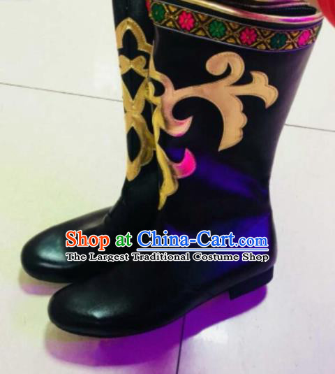 Chinese Traditional Uyghur Minority Black Boots Ethnic Xinjiang Folk Dance Stage Show Shoes for Men