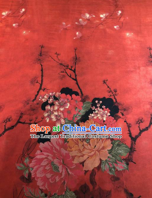 Asian Chinese Traditional Peony Pattern Design Red Gambiered Guangdong Gauze Fabric Silk Material