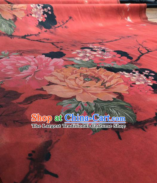 Asian Chinese Traditional Peony Pattern Design Red Gambiered Guangdong Gauze Fabric Silk Material