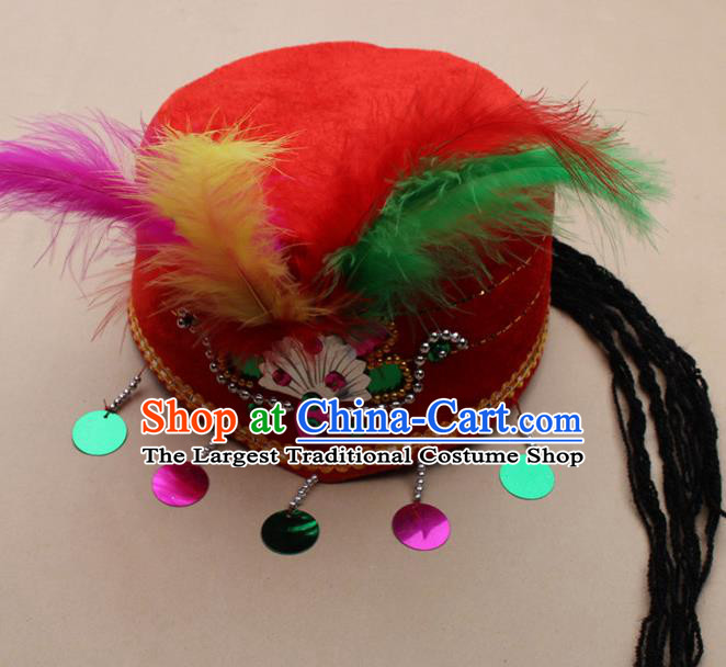 Handmade Chinese Traditional Uyghur Minority Feather Red Silk Hat Ethnic Nationality Folk Dance Headwear for Women