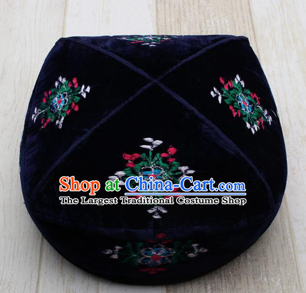 Chinese Traditional Uyghur Minority Embroidered Navy Hat Ethnic Xinjiang Folk Dance Headwear for Men