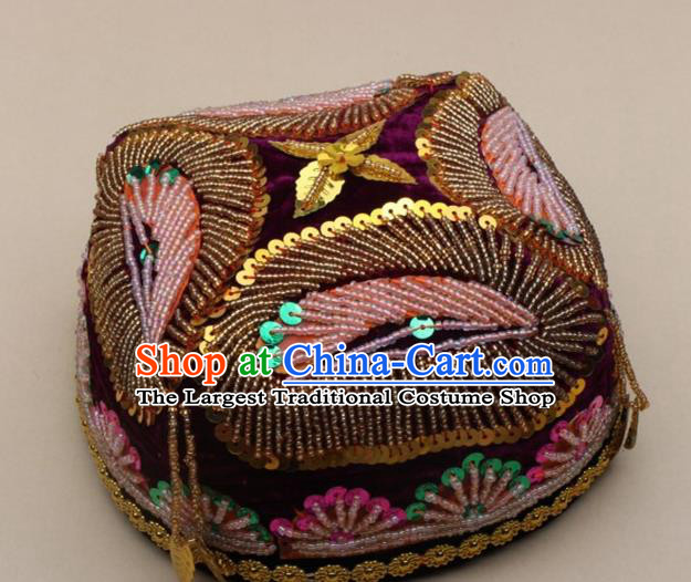 Handmade Chinese Traditional Uyghur Minority Beads Purple Hat Ethnic Nationality Folk Dance Headwear for Women