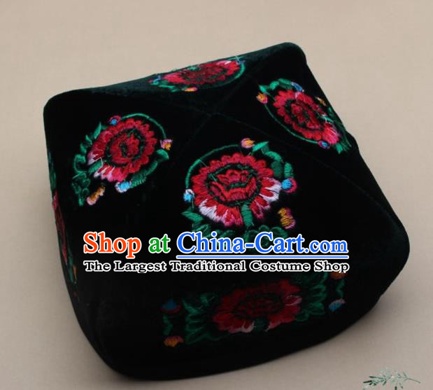 Chinese Traditional Uyghur Minority Dance Embroidered Red Flowers Hat Xinjiang Ethnic Headwear for Men