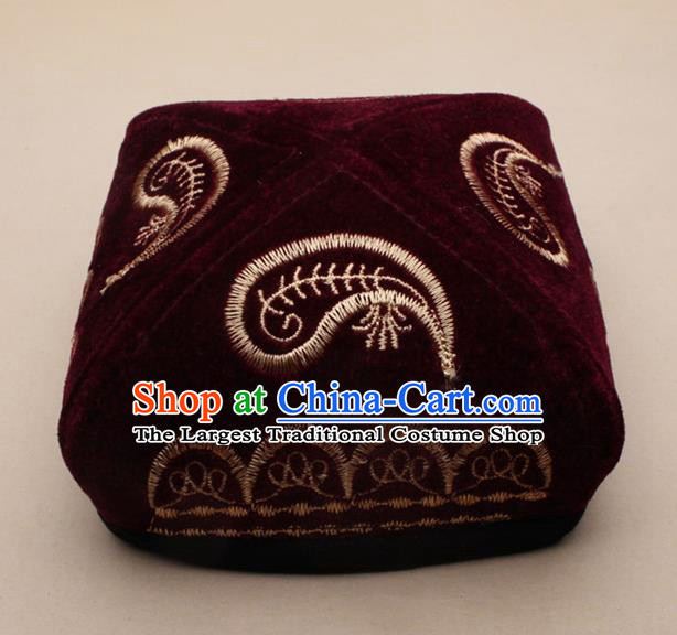 Chinese Traditional Uyghur Minority Dance Embroidered Wine Red Velvet Hat Xinjiang Ethnic Headwear for Men