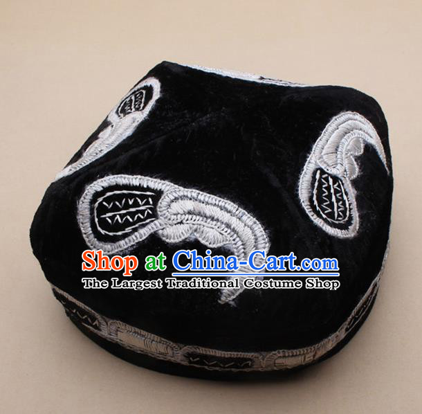 Chinese Traditional Uyghur Minority Dance Black Embroidered Hat Xinjiang Ethnic Headwear for Men
