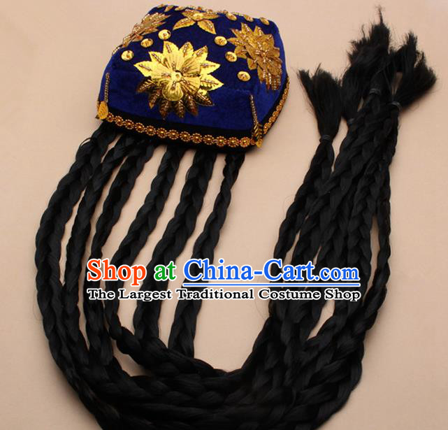 Chinese Traditional Uyghur Minority Dance Braid Paillette Royalblue Hat Xinjiang Ethnic Nationality Headwear for Women