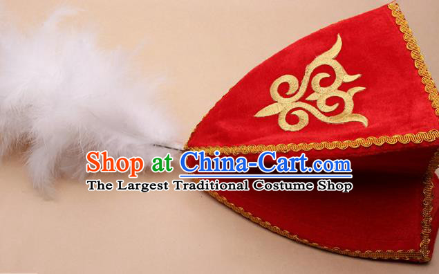 Handmade Chinese Traditional Kazak Minority Feather Red Hat Ethnic Nationality Folk Dance Headwear for Women
