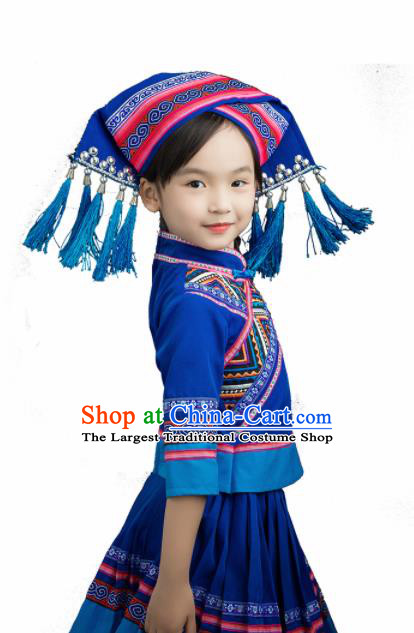 Chinese Traditional Zhuang Nationality Blue Blouse and Skirt Ethnic Minority Folk Dance Stage Show Costume for Kids