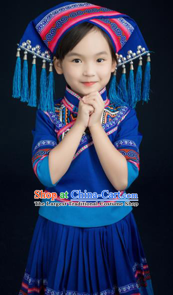 Chinese Traditional Zhuang Nationality Blue Blouse and Skirt Ethnic Minority Folk Dance Stage Show Costume for Kids