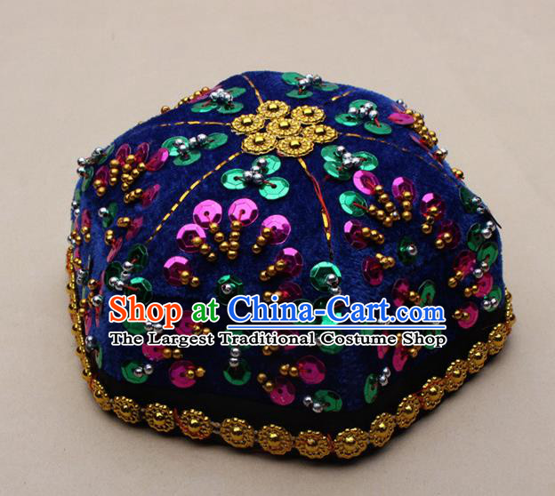 Chinese Traditional Xinjiang Ethnic Dance Paillette Deep Blue Hexagon Hat Uyghur Minority Nationality Headwear for Kids