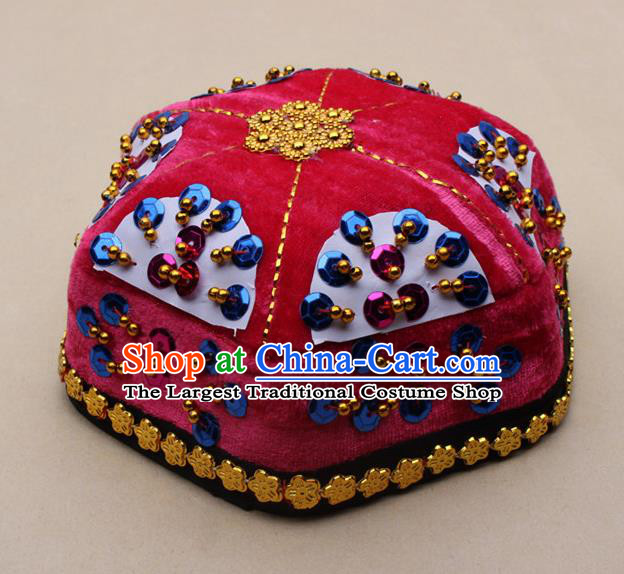 Chinese Traditional Xinjiang Ethnic Dance Paillette Rosy Hexagon Hat Uyghur Minority Nationality Headwear for Kids
