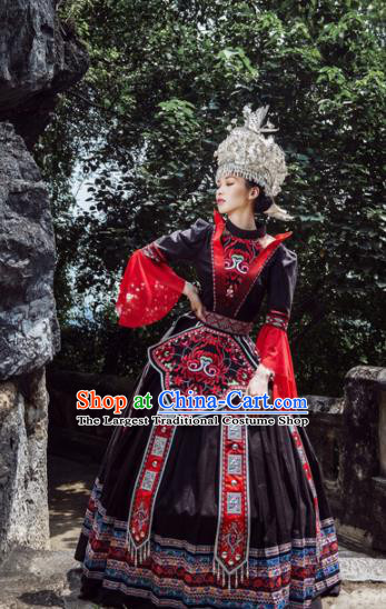 Traditional Chinese Miao Nationality Brown Dress Guizhou Ethnic Folk Dance Stage Show Costume for Women