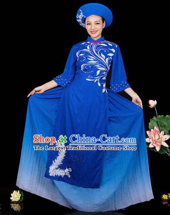 Traditional Chinese Jing Nationality Ha Festival Royalblue Dress Ethnic Folk Dance Stage Show Costume for Women