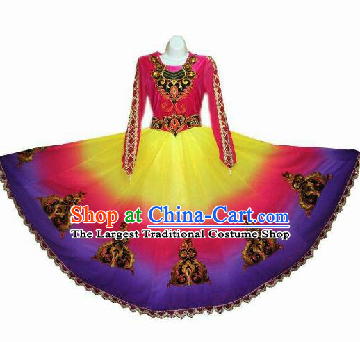 Traditional Chinese Xinjiang Uyghur Nationality Gradient Purple Dress Ethnic Folk Dance Stage Show Costume for Women