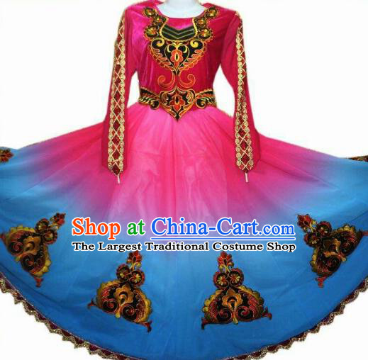 Traditional Chinese Xinjiang Uyghur Nationality Gradient Blue Dress Ethnic Folk Dance Stage Show Costume for Women