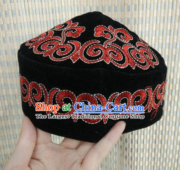Chinese Traditional Kazak Minority Embroidered Black Hat Ethnic Xinjiang Stage Show Headwear for Men