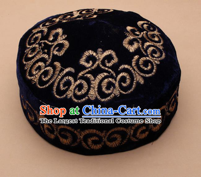 Chinese Traditional Kazak Minority Embroidered Navy Velvet Hat Ethnic Xinjiang Stage Show Headwear for Men