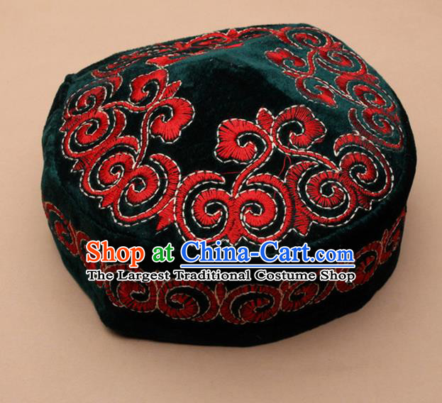 Chinese Traditional Kazak Minority Embroidered Atrovirens Velvet Hat Ethnic Xinjiang Stage Show Headwear for Men