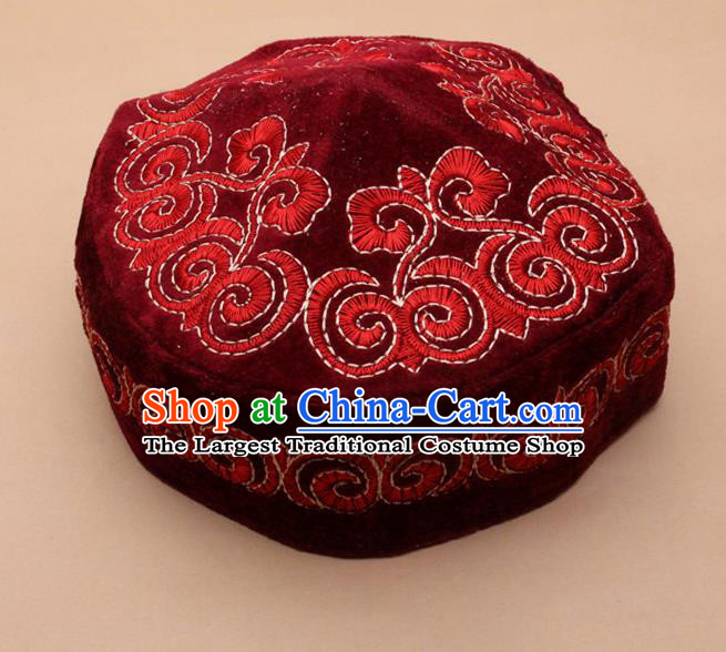 Chinese Traditional Kazak Minority Embroidered Red Velvet Hat Ethnic Xinjiang Stage Show Headwear for Men