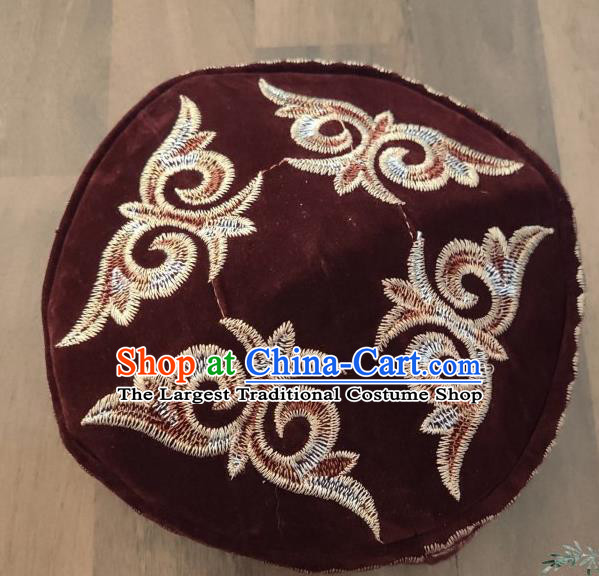 Chinese Traditional Kazak Minority Embroidered Dark Red Velvet Hat Ethnic Xinjiang Stage Show Headwear for Men
