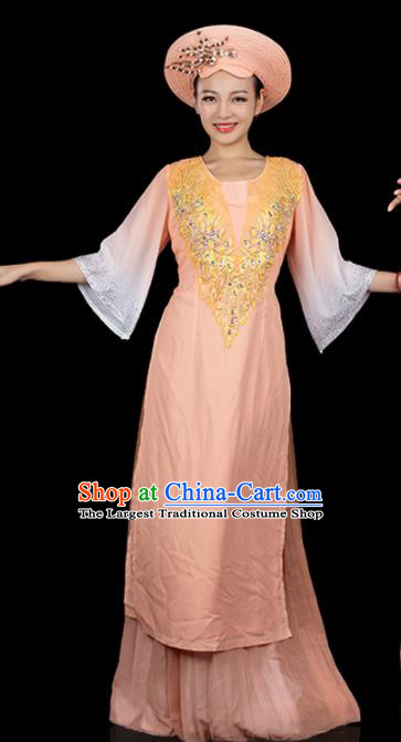 Traditional Chinese Jing Nationality Apricot Dress Ethnic Ha Festival Folk Dance Stage Show Costume for Women
