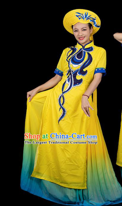Traditional Chinese Jing Nationality Folk Dance Yellow Dress Ethnic Ha Festival Stage Show Costume for Women