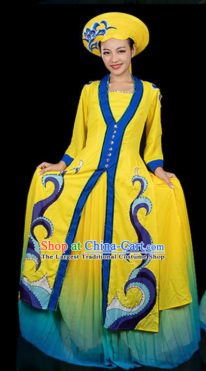 Traditional Chinese Jing Nationality Yellow Dress Ethnic Ha Festival Folk Dance Costume for Women