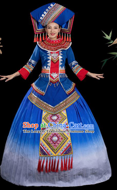 Traditional Chinese Zhuang Nationality Stage Show Blue Dress Ethnic Festival Folk Dance Costume for Women