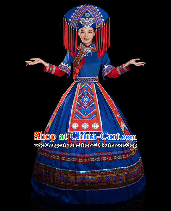 Traditional Chinese Zhuang Nationality Liu Sanjie Stage Show Blue Dress Ethnic Festival Folk Dance Costume for Women