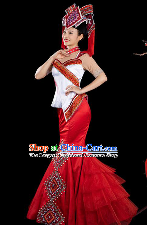 Traditional Chinese Zhuang Nationality Liu Sanjie Stage Show Red Dress Ethnic Festival Folk Dance Costume for Women