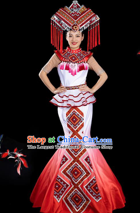 Traditional Chinese Zhuang Nationality Liu Sanjie Red Dress Ethnic Stage Show Folk Dance Costume for Women