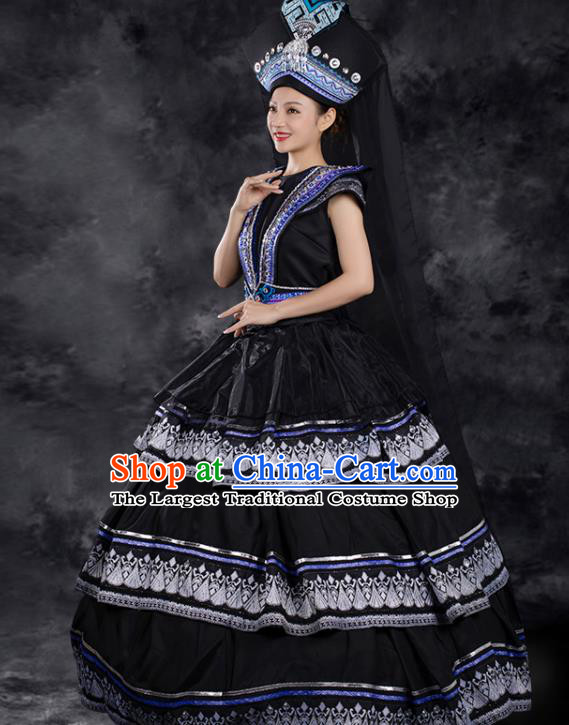 Chinese Traditional Zhuang Nationality Liu Sanjie Black Dress Ethnic Folk Dance Stage Show Costume for Women