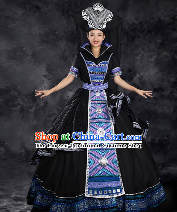 Chinese Traditional Zhuang Nationality Black Satin Dress Ethnic Folk Dance Stage Show Liu Sanjie Costume for Women